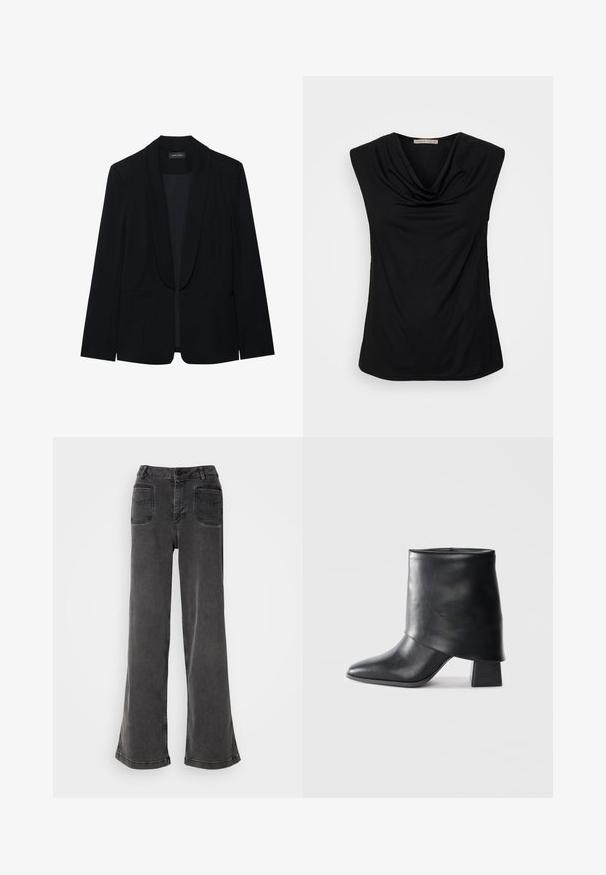 Zwarte blazer met een piekrevers, enkele knoopsluiting, twee cargopockets en een gladde, gestructureerde stof. Geen zichtbare patronen of versieringen.; Anna Field by Zalando Top - black; Hoge taille, wijd-uitlopende zwarte jeans gemaakt van denim, met een knoopsluiting, riemlussen en twee achterzakken met gestikte accenten.; Zwarte leren enkellaars met een spitse neus, een zachte textuur en een gestructureerde blokhak. Kenmerkt zich door een hoge, gevouwen kraag.