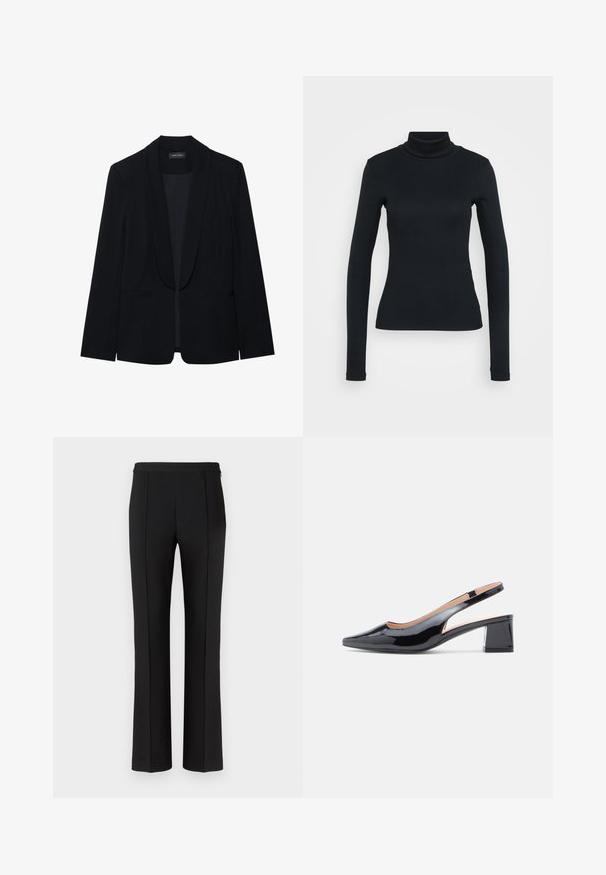 Schwarzer Blazer mit Reverskragen, einer Knopfleiste, zwei vorderen Taschen und einem glatten, strukturierten Stoff. Keine sichtbaren Muster oder Verzierungen.; Schwarzer, langärmeliger, gerippter Rollkragenpullover mit figurbetonter Silhouette auf einem einfarbigen hellen Hintergrund.; Schwarze maßgeschneiderte Hosen mit glatter Textur, gerade Beinform, mittigen Vorderfalten und minimalistischem Bunddesign.; Schwarzer Slingback-Pumps aus Lackleder mit spitz zulaufender Schuhspitze und stabilem Blockabsatz, seitlich mit Ausschnittdetail.