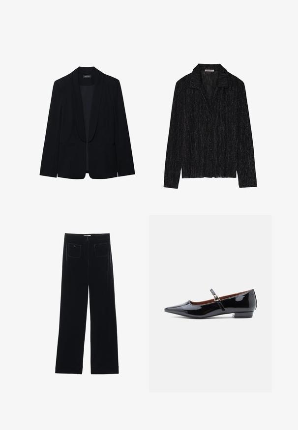 Schwarzer Blazer mit Reverskragen, einer Knopfleiste, zwei vorderen Taschen und einem glatten, strukturierten Stoff. Keine sichtbaren Muster oder Verzierungen.; Schwarze Langarmjacke mit einer strukturierten, glitzernden Oberfläche. Besitzt einen Kragen und eine Knopfleiste.; Schwarze Samt-Hosen im weit geschnittenen Stil mit zwei Gesäßtaschen und einer glatten Textur, ausgestattet mit einem geraden Schnitt und einem gesäumten Abschluss an den Knöcheln.; Schwarze Lackleder-Mary-Jane-Ballerinas mit spitz zulaufender Zehenpartie und kleinem Absatz, ausgestattet mit einem verstellbaren Riemen mit goldfarbener Schnalle.