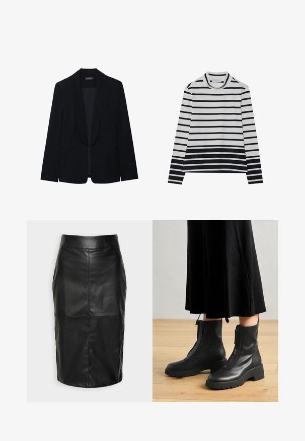 Blazer noir avec un revers en pointe, fermeture à un bouton, deux poches avant et un tissu lisse et texturé. Sans motifs ni embellissements visibles.; T-shirt à manches longues en coton, présentant des rayures horizontales noires et blanches, un col montant haut et une coupe décontractée avec des fentes sur les côtés.; Jupe en cuir noir avec une texture lisse, présentant une taille haute et des coutures piquées qui créent une silhouette structurée et discrète.; Bottines en cuir noir avec une semelle plateforme épaisse et une fermeture éclair à l'avant. Texture lisse avec un design minimaliste.