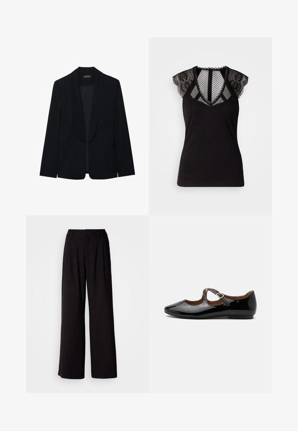 Schwarzer Blazer mit Reverskragen, einer Knopfleiste, zwei vorderen Taschen und einem glatten, strukturierten Stoff. Keine sichtbaren Muster oder Verzierungen.; Schwarzes ärmelloses Top mit Spitzenakzenten an den Schultern und einem durchsichtigen, punktebesetzten Netzpaneel am Kragen und Rücken.; Schwarze weit geschnittene Hosen aus glattem Stoff, mit Falten an der Vorderseite, einem taillierten Bund und ohne sichtbare Muster oder Akzente.; Schwarzer Mary Jane flacher Schuh aus Lackleder mit zwei Ausstanzungen und einem goldfarbenen Schnallenriemen auf weißem Hintergrund.