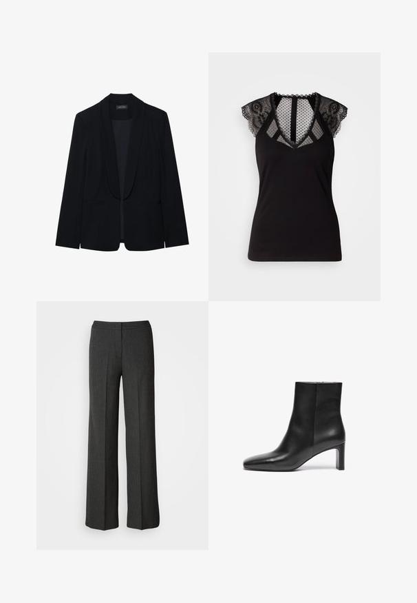 Zwarte blazer met een piekrevers, enkele knoopsluiting, twee cargopockets en een gladde, gestructureerde stof. Geen zichtbare patronen of versieringen.; Zwart mouwloos topje met kantaccenten op de schouders en een doorschijnend, stippenmotief meshpaneel bij de halslijn en de achterkant.; Wijdvallende broek in donkergrijs, gemaakt van geweven stof. Heeft een aansluitende tailleband en een subtiel streeppatroon.; Zwarte leren enkelboot met een spitse neus, taps toelopende hak en een gladde textuur; heeft een ritssluiting aan de zijkant.