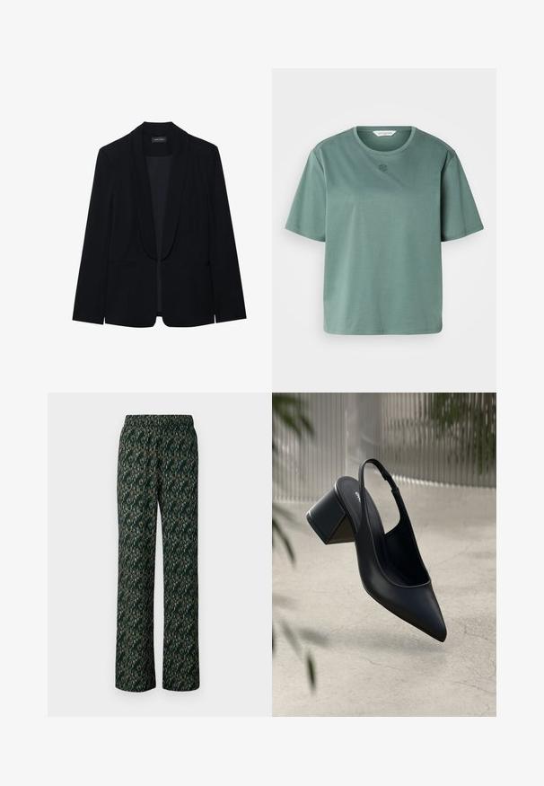 Schwarzer Blazer mit Reverskragen, einer Knopfleiste, zwei vorderen Taschen und einem glatten, strukturierten Stoff. Keine sichtbaren Muster oder Verzierungen.; Weiches grünes Kurzarm-T-Shirt aus Baumwolle mit Rundhalsausschnitt und kleinem, rundem Logo in der Mitte unterhalb des Kragens.; Weite Hosen aus dunkelgrünem Stoff mit einem komplizierten, mehrfarbigen Muster. Mit einem elastischen Bund für hohen Tragekomfort.; Schwarze Leder-Slingback-Pumps mit spitzem Zehenbereich und Blockabsatz. Glatte Textur, minimalistisches Design und verstellbarer Knöchelriemen.