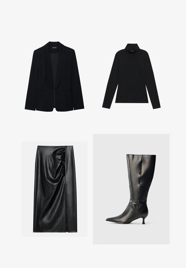 Zwarte blazer met een piekrevers, enkele knoopsluiting, twee cargopockets en een gladde, gestructureerde stof. Geen zichtbare patronen of versieringen.; Zwarte langetermijn turtleneck. Zachte stof, getailleerd design, hoge kraag en zijnaad. Eenvoudige en veelzijdige stijl die geschikt is voor het laagjes dragen.; Zwarte leren rok met een soepele textuur, voorzien van een geplooid gedeelte aan één kant en een zijspleet voor extra detail.; Zwarte leren kniehoge laars met puntige neus en lage kittenhak, weergegeven op een effen lichte achtergrond.