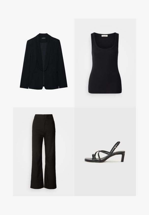 Blazer negro con solapa de pico, cierre de un botón, dos bolsillos frontales y una tela suave y texturizada. Sin patrones ni adornos visibles.; Camiseta sin mangas negra con textura acanalada, escote redondo, tirantes anchos y diseño ajustado. Etiqueta en la parte trasera que dice "Marc O'Polo."; Pantalones de pierna ancha negros con una textura suave, cintura alta y un diseño limpio. Sin bolsillos visibles ni adornos.; Sandalia negra de tiras con punta cuadrada y tacón bajo de bloque. Presenta múltiples tiras delgadas y una correa ajustable en el tobillo. Fabricada en cuero suave.