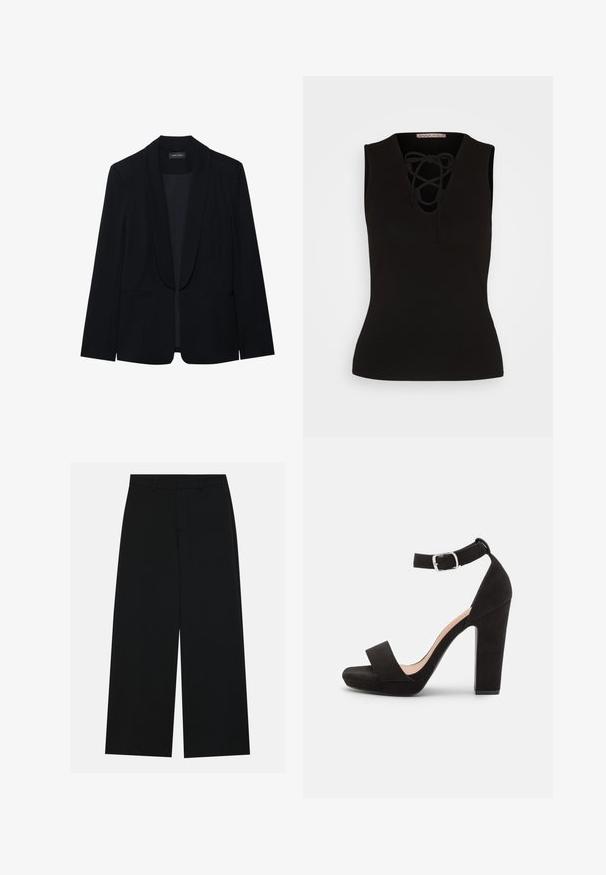 Blazer noir avec un revers en pointe, fermeture à un bouton, deux poches avant et un tissu lisse et texturé. Sans motifs ni embellissements visibles.; Anna Field Débardeur - black; Pantalons noirs à jambe large en tissu lisse. Dotés d'une taille plate avec passants de ceinture et sans poches visibles. Design simple.; Anna Field Sandales - black