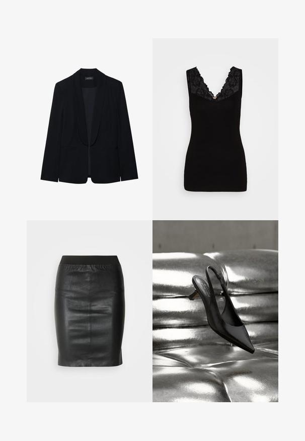 Blazer noir avec un revers en pointe, fermeture à un bouton, deux poches avant et un tissu lisse et texturé. Sans motifs ni embellissements visibles.; Haut sans manches noir avec un décolleté en V profond orné d'une bordure en dentelle noire, présentant une texture lisse et une silhouette ajustée.; Jupe crayon noire en cuir lisse, dotée d'une taille élastique pour une silhouette ajustée et un design minimaliste.; Chaussure slingback noire à bout pointu avec une finition en cuir brillant, dotée d'un petit talon bloc et d'une fine sangle à la cheville, suspendue au-dessus d'une surface métallique.