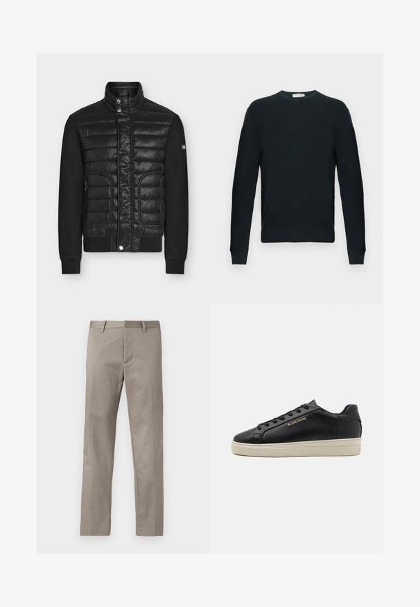 Veste matelassée noire avec col montant, boutons-pression, poches latérales zippées et manches noires unies, présentée sur fond uni.; Pull noir tricoté avec un col rond, des manches longues et un motif texturé. Comprend un ourlet et des poignets côtelés.; Pantalon gris clair à coupe droite, réalisé en tissu lisse, avec devant plat et ceinture standard munie de passants pour ceinture.; Sneaker en cuir noir avec une finition lisse, semelle crème contrastante, bout arrondi, logo doré sur le côté et six œillets pour les lacets.