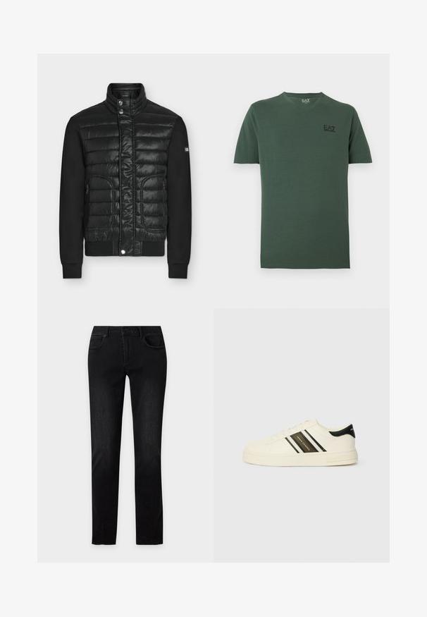 Veste matelassée noire avec col montant, boutons-pression, poches latérales zippées et manches noires unies, présentée sur fond uni.; T-shirt manches courtes vert foncé à col en V avec petit logo noir EA7 Emporio Armani sur la poitrine gauche.; Jeans en denim noir à jambes droites avec poches avant, passants pour ceinture et fermeture par bouton, présenté sur un fond clair uni.; Baskets en cuir beige avec des rayures noires et blanches, bout rond, semelle en caoutchouc plate, et détail logo sur le côté et le talon.