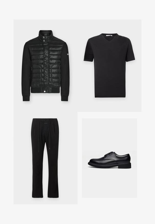 Veste matelassée noire avec col montant, boutons-pression, poches latérales zippées et manches noires unies, présentée sur fond uni.; T-shirt noir à manches courtes avec col en V et design minimaliste sur fond blanc uni.; Pantalon noir à jambes droites avec plis à l'avant, fermeture par bouton et zip, et cordon de serrage à la taille.; Chaussure habillée en cuir noir poli avec lacets et semelle épaisse en caoutchouc, vue de profil sur un fond clair uni.