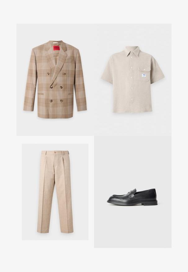 Blazer beige croisé à motif à carreaux, six boutons marron, revers crantés, et une étiquette rouge "HUGO" à l’intérieur du col.; Chemise beige à manches courtes boutonnée, tissu texturé, col pointu et une poche poitrine avec un bouton, ornée d'une petite étiquette blanche et bleue.; Pantalon beige à jambes droites avec plis, fermeture par bouton, passants pour ceinture et coupe ajustée.; Mocassins en cuir noir avec une finition texturée, dotés d'une bride décorative à l'avant et d'un bout arrondi. Semelle en caoutchouc pour plus de durabilité.