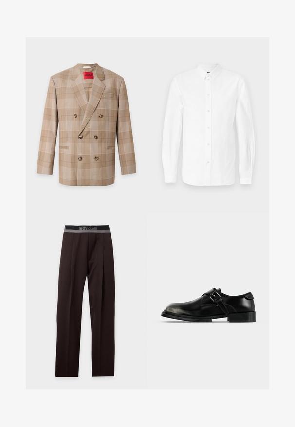 Blazer beige croisé à motif à carreaux, six boutons marron, revers crantés, et une étiquette rouge "HUGO" à l’intérieur du col.; Chemise blanche à manches longues en coton, dotée d'un col boutonné et de boutons sur le devant. Texture lisse avec une coupe classique et sans motifs.; Pantalon noir droit avec une ceinture élastique de marque en noir et gris, présenté à plat sur fond blanc.; Chaussure habillée en cuir noir à boucle moniale argentée, bout arrondi, petit talon superposé et finition lisse et polie.
