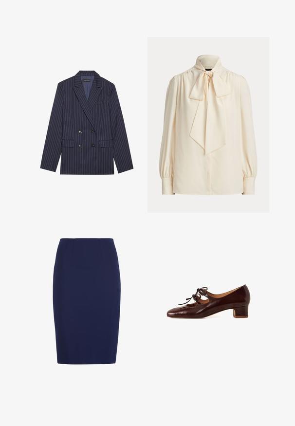 Dubbelzijdige marineblauwe blazer met witte streepjes, met een geknipt revers, twee voorkeurszakken en zes zwarte knopen, met een gladde stofstructuur.; Crèmekleurige blouse met lange mouwen, een hoge kraag en een grote gestrikte strik bij de hals, met geplooide schouders en omslagmouwen.; Marineblauwe kokerrok tot op de knie met een getailleerde taille en subtiele verticale naaddetails.; Bruine gepatenteerde leren schoen met een ronde neus, lage blokhak en decoratieve veters op de wreef. Bevat uitsparingen aan de zijkanten.