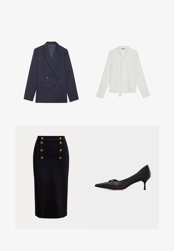 Veste bleu marine croisée avec des rayures blanches, cols crantés, deux poches avant et six boutons noirs, présentant une texture de tissu lisse.; Blouse blanche à manches longues en tissu lisse, avec un nœud au cou et des poignets ajustés. Design simple et classique sans motifs.; Jupe crayon noire longueur genou avec panneau vertical devant et deux rangées de six boutons décoratifs dorés.; Escarpin en cuir noir à bout pointu avec un petit talon kitten et une fine bride à boucle sur le devant, présenté sur un fond blanc uni.