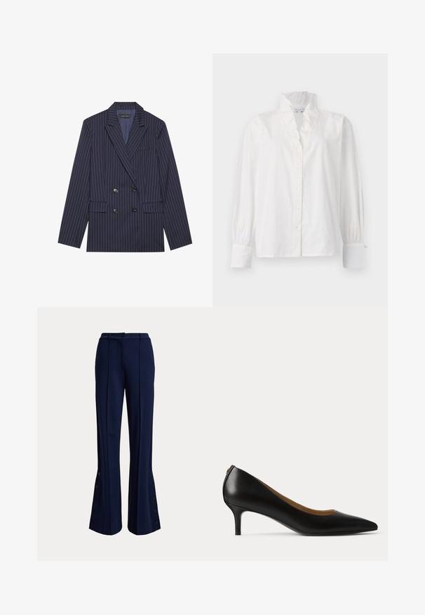 Veste bleu marine croisée avec des rayures blanches, cols crantés, deux poches avant et six boutons noirs, présentant une texture de tissu lisse.; Chemisier blanc en coton avec un col volanté, des manches longues bouffantes et un devant boutonné orné de boutons ressemblant à des perles.; Pantalon large bleu marine avec plis à l'avant, taille boutonnée et détails de boutons le long des côtés extérieurs inférieurs des jambes.; Escarpin en cuir noir à bout pointu, talon bas « kitten » et finition lisse, présenté de profil sur un fond clair uni.