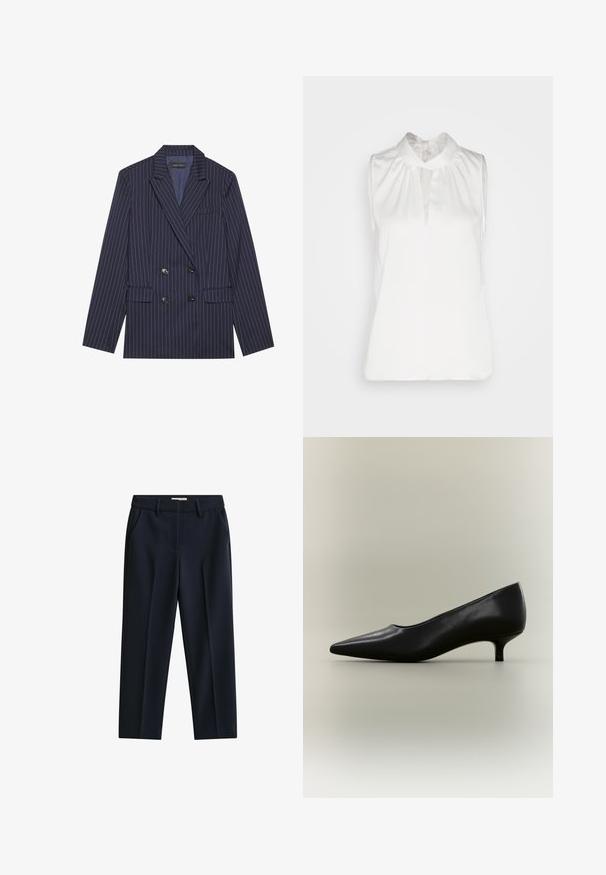 Dubbelzijdige marineblauwe blazer met witte streepjes, met een geknipt revers, twee voorkeurszakken en zes zwarte knopen, met een gladde stofstructuur.; Anna Field by Zalando Top - off-white; Marineblauwe op maat gemaakte broek met riemlussen, zijzakken en een voorrits op een witte achtergrond.; Zwarte leren pumps voor dames met een lage hak, puntige neus en een slanke, korte kittenhak op een neutrale achtergrond.