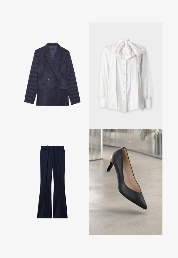 Dobbeltradet marineblå blazer med hvide striber, sautérlapel, to frontlommer og seks sorte knapper, der har en glat stofstruktur.; Hvid bluse med lange ærmer, frontknapper og en stor bundet sløjfe ved halsen, med plisserede detaljer foran.; Marineblå skræddersyede bukser med forreste læg, bæltestropper, sidelommer og en udvidet benform.; Sort læderhøjhælet sko med spidse tæer og en strømlinet silhuet, der har en lav hæl og et blødt indre foder.