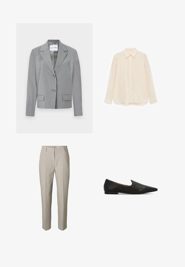 Blazer gris sur mesure avec un col en notch, fermeture à deux boutons et deux poches avant au toucher lisse. Doublure intérieure.; Chemise boutonnée de couleur crème en tissu lisse, dotée d'un col, de manches longues et d'un ourlet légèrement arrondi.; Pantalon beige sur mesure avec passants pour ceinture, fermeture éclair avant et plis marqués sur les jambes, présenté sur fond blanc.; Ballerines en cuir noir avec un design à bout pointu, un petit talon texturé et une découpe élégante autour de la coup de pied pour un enfilage facile.
