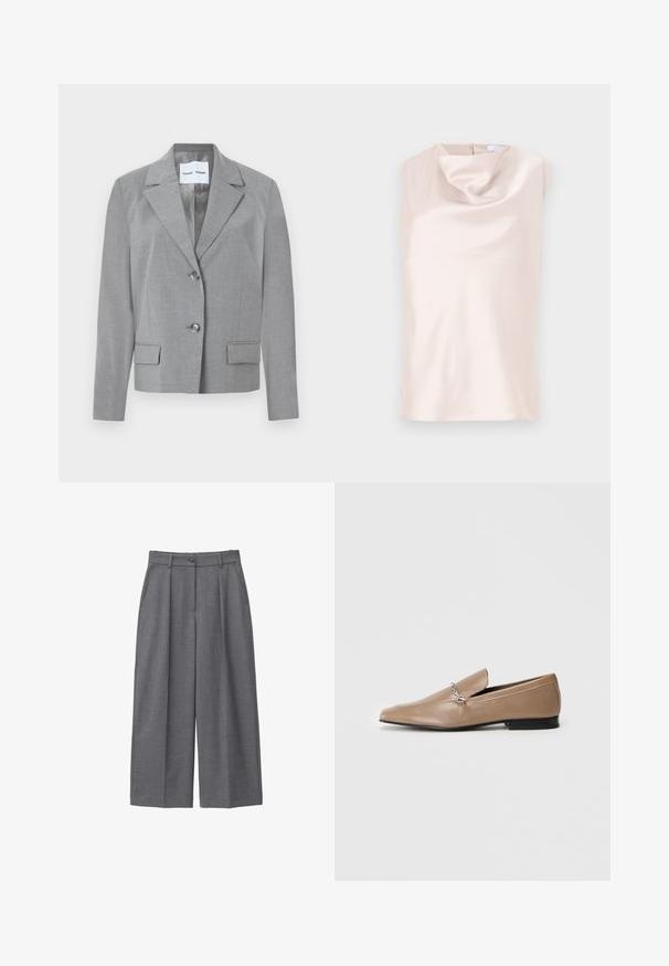 Blazer gris sur mesure avec un col en notch, fermeture à deux boutons et deux poches avant au toucher lisse. Doublure intérieure.; Haut sans manches style soie de couleur beige doux avec un col bénitier drapé. Doté d'une fermeture éclair discrète au dos et d'une texture lisse et brillante.; Pantalons larges gris en tissu lisse, dotés d'une taille haute, de plis, d'une fermeture à bouton et de poches latérales. Design minimaliste.; Mocassins en cuir tan avec un bout pointu, des accents décoratifs en métal argenté et un petit talon noir. Texture lisse et design minimaliste.