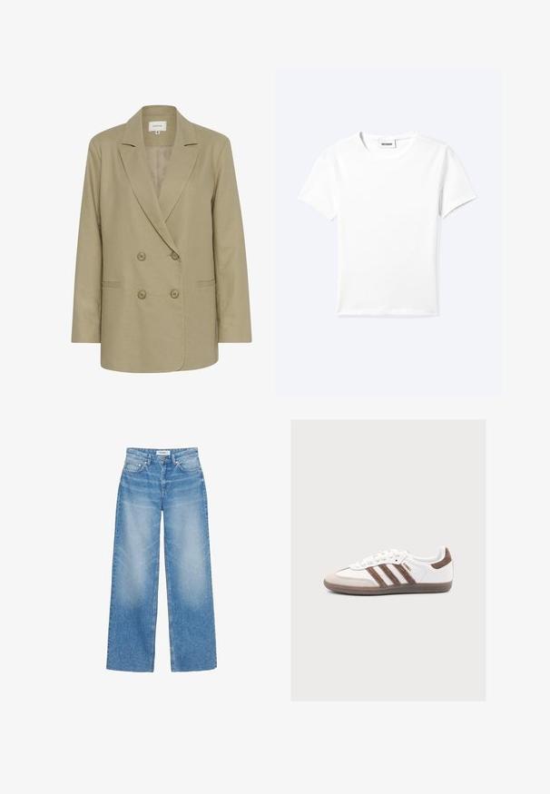 Dobbeltbrystet beige blazer lavet af tekstureret stof. Har en udspecificeret krave, to forlommer og knaplukning.; Ensfarvet hvid t-shirt med korte ærmer og rund halsudskæring med en lille "WEEKDAY" label indeni halskanten, vist fladt på en lys baggrund.; Lyseblå jeans med vide ben lavet af denim, med høj talje, subtil falmet effekt og klassisk fem-lomme-design med kobberdetaljer.; Hvid Adidas Samba sneaker med brune ruskindstriber, brun ruskindstå og gummisål på en lys grå baggrund.