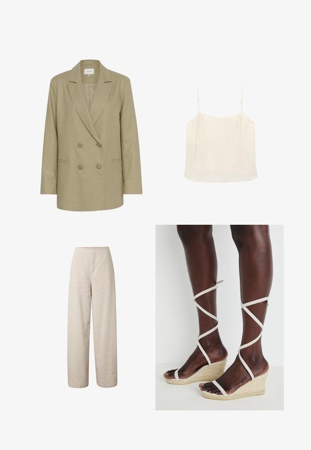 Dobbeltbrystet beige blazer lavet af tekstureret stof. Har en udspecificeret krave, to forlommer og knaplukning.; Flødefarvet ærmeløs camisole-top med tynde justerbare stropper og en lige halsudskæring på hvid baggrund.; Beige linnedbukser med brede ben, elastisk talje og diskrete sidelommer.; Kile sandal med en tekstureret espadrille sål, beige stropper der krydser omkring anklen, åben tå design, glat læderlignende materiale.