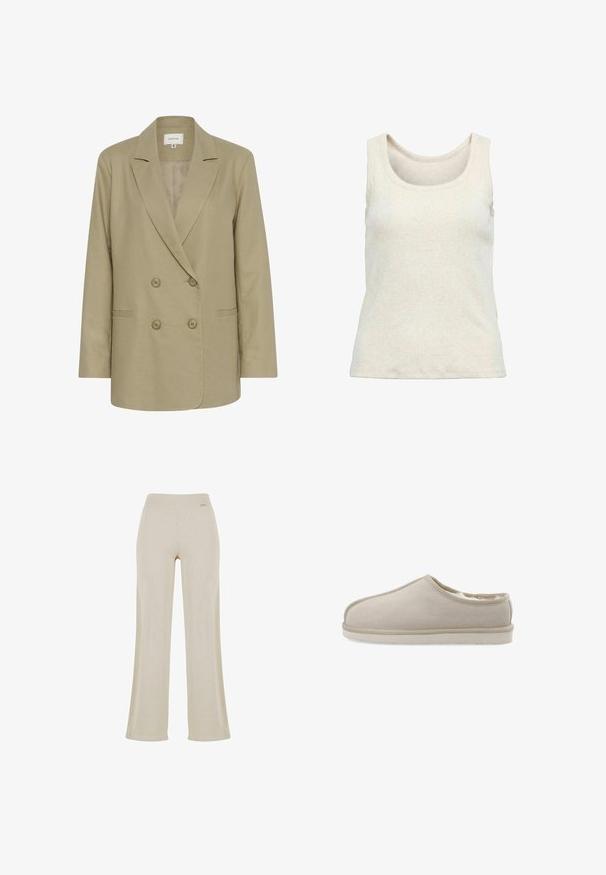 Dobbeltbrystet beige blazer lavet af tekstureret stof. Har en udspecificeret krave, to forlommer og knaplukning.; Ærmeløs flæseribbet cremefarvet strikket tanktop med brede skulderstropper og rund halsudskæring, designet til afslappet brug.; Beige vide bukser med en glat ribbet tekstur, elastisk talje og ingen synlige dekorationer, hvilket giver en afslappet silhuet.; Bianco Backless Loafer BIASNOW - Slip-on sandaler - sand
