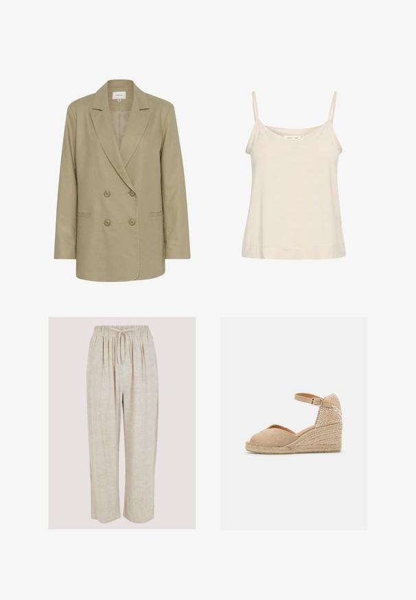 Dobbeltbrystet beige blazer lavet af tekstureret stof. Har en udspecificeret krave, to forlommer og knaplukning.; Lys beige cami lavet af blødt stof, med tynde justerbare stropper og en V-udskæring med en let afslappet pasform.; Beige linnedragter med bred ben-design, elastisk talje og snøre. Glat tekstur med subtile nubret gennem stoffet.; Castañer BIANCA - Espadrilles - sand