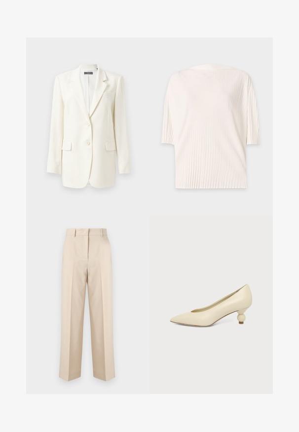 White tailored blazer featuring a notched lapel, two front pockets, button closure, and textured fabric. Classic fit with long sleeves.; White short-sleeve top with fine vertical pleats and a loose, relaxed fit on a plain light background.; Beige high-waist tailored trousers with belt loops and straight legs, displayed against a plain white background.; Cream-colored women's pointed-toe low heel shoe with a round, ball-shaped heel on a plain background.