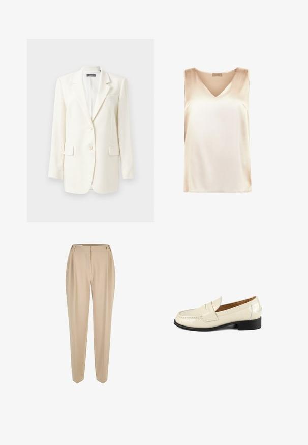 Blazer blanc sur mesure avec un col cranté, deux poches avant, fermeture par bouton et tissu texturé. Coupe classique avec des manches longues.; Top sans manches beige en tissu lisse, avec un décolleté en V et un ourlet droit. Style minimaliste sans motifs ni accents supplémentaires.; Pantalons beiges sur mesure avec passants de ceinture, jambes droites et fermeture cachée à l'avant, présentés sur fond blanc.; Mocassin en cuir verni beige avec un bout rond et des accents de couture décoratifs. Il présente un petit talon noir et un design facile à enfiler.