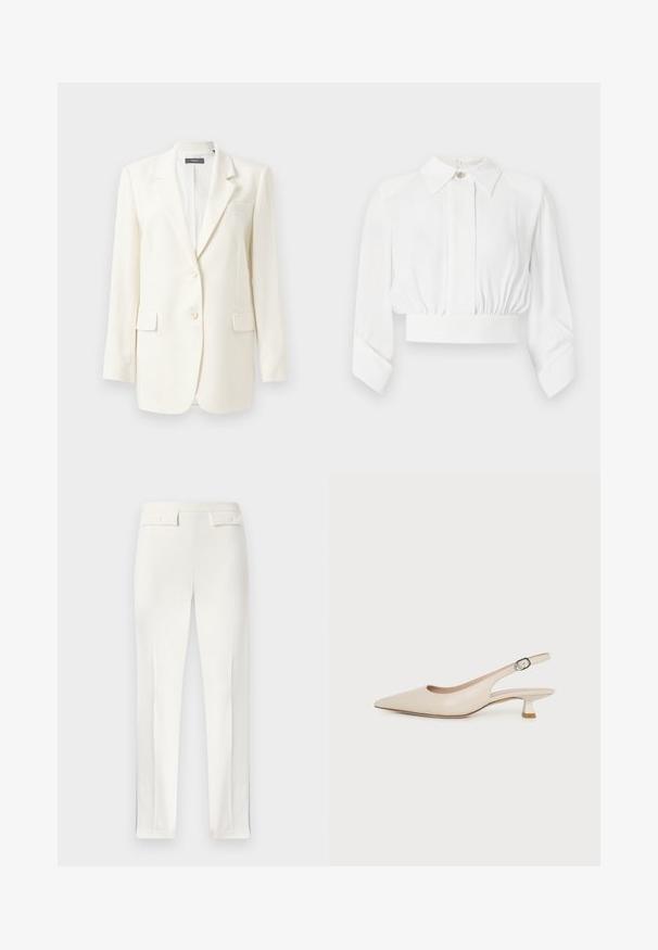 Witte op maat gemaakte blazer met een notch lapel, twee voorzakken, knoopsluiting en een gestructureerde stof. Klassieke pasvorm met lange mouwen.; Witte cropped blouse met lange mouwen, puntige kraag, verborgen knopen aan de voorkant, elastische taille en brede manchetten.; Witte getailleerde damesbroek met voorvouwen en twee met knopen sluitbare klepzakken op de tailleband, plat weergegeven.; Beige slingback-schoen met een spits toelopende neus, lage kittenhak en verstelbare zijgesp op een effen witte achtergrond.