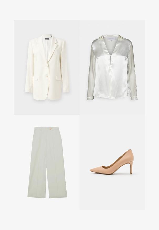 Witte op maat gemaakte blazer met een notch lapel, twee voorzakken, knoopsluiting en een gestructureerde stof. Klassieke pasvorm met lange mouwen.; STUDIO ID ALYSSA - Blouse - champagne; Wijde broekspijpen van lichte stof, in een gebroken witte kleur, met plooien aan de voorkant en een enkele knoopsluiting.; Naakt leren hoge hakken met een puntige neus, gladde textuur en een slanke hak. Minimalistisch ontwerp met een lage vamp.