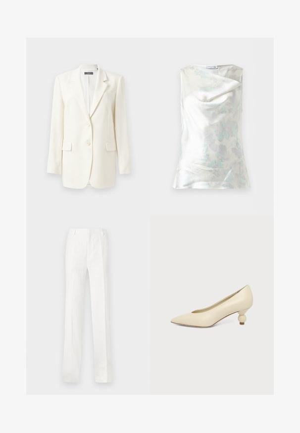 Witte op maat gemaakte blazer met een notch lapel, twee voorzakken, knoopsluiting en een gestructureerde stof. Klassieke pasvorm met lange mouwen.; Witte mouwloze satijnen blouse met een subtiel blauwgrijs bloemenpatroon en gedrapeerde halslijn, gelabeld "Tiger of Sweden."; Witte, rechte broek gemaakt van een lichtgewicht stof. Kenmerkt zich door een platte voorkant, riemlussen en geen zichtbare patronen of versieringen.; Dames schoen in roomkleur met een puntige neus en een lage, ronde balvormige hak op een effen achtergrond.