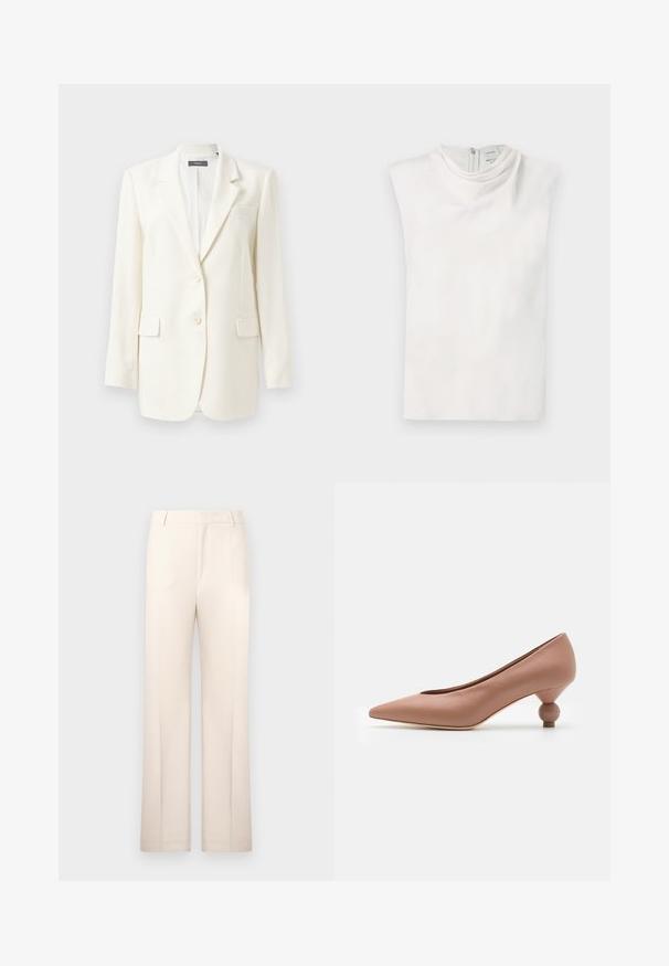 Witte op maat gemaakte blazer met een notch lapel, twee voorzakken, knoopsluiting en een gestructureerde stof. Klassieke pasvorm met lange mouwen.; Wit mouwloos topje met een opstaande kraag en rits aan de achterkant, plat gelegd op een witte achtergrond.; Beige pantalon met een rechte pijp, gemaakt van lichtgewicht stof. Bevat voorplooien en een klassieke tailleband.; Weekend Max Mara RENZA - Klassieke pumps - nudo