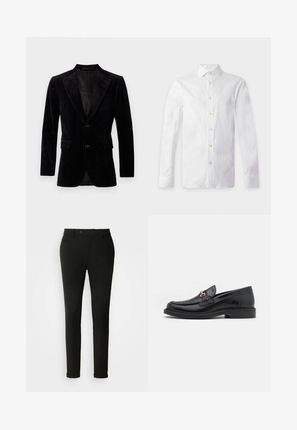 Μαύρο βελούδινο σακάκι με κανονικό κολάρο, μπροστινό κλείσιμο με ένα κουμπί, δύο μπροστινές τσέπες και λεία επένδυση στο εσωτερικό.; Άσπρο πουκάμισο με μακριά μανίκια, μπεζ κουμπιά, μυτερό γιακά και μανσέτες με κουμπιά, απλωμένο επίπεδα σε φωτεινό φόντο.; Μαύροι προσαρμοσμένοι παντελόνες με στενή γραμμή, κομψό σχέδιο και θηλιές ζώνης, με μία πίσω τσέπη και λείο υλικό.; Μαύρες δερμάτινες loafers με στρογγυλή μύτη, διακοσμημένες με χρυσά αξεσουάρ και λεπτομέρειες ραφής, τοποθετημένες σε χαμηλή, υφασμάτινη ελαστική σόλα.