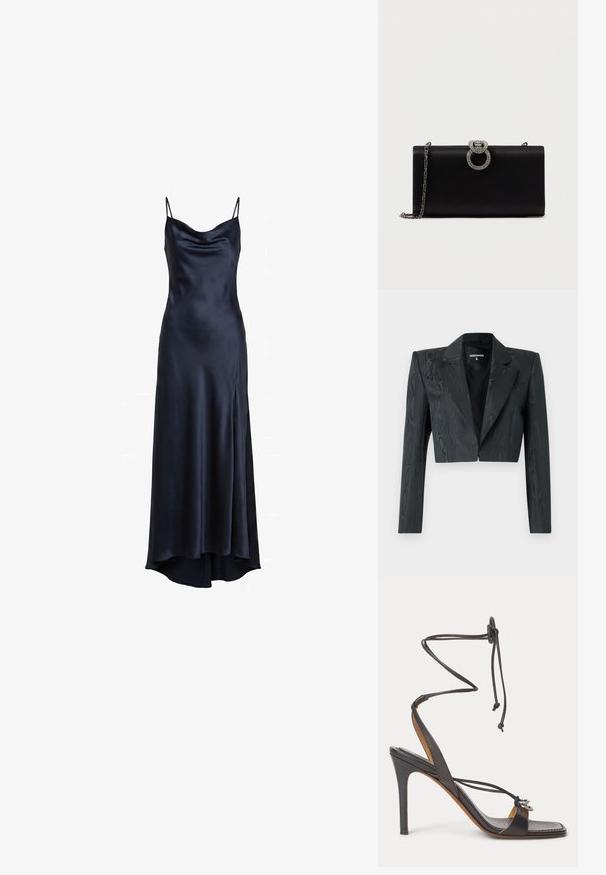 Blazer noir coupé avec un motif texturé, épaules structurées et manches longues. Doté d'un revers classique et d'une fermeture à crochet simple.; Robe nuisette en satin bleu marine foncé avec fines bretelles spaghetti et un décolleté légèrement courbé, s’évasant vers un long ourlet asymétrique.; Sandale noire à talon haut avec fines lanières enveloppant la cheville, bout ouvert et anneaux décoratifs argentés sur la bride avant, sur fond blanc.; Pochette en satin noir avec une fermeture circulaire en métal argenté ornée de strass, dotée d'une chaîne amovible.