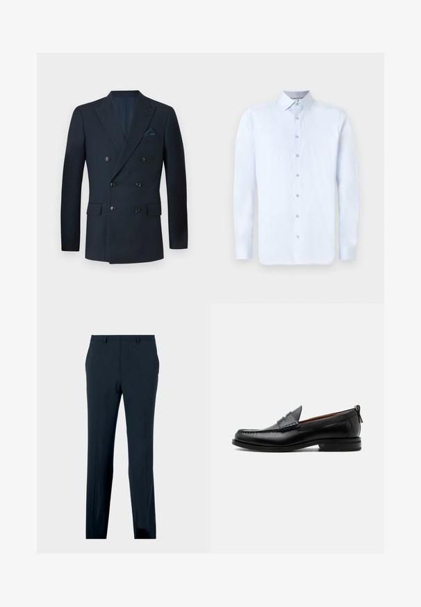 Dobbeltradet navy blazer lavet af tekstureret stof, med seks sorte knapper, to forlommer og en brystlomme med en silke lommetørklæde.; Lys blå langærmet skjorte med spids krave, frontlukning med knapper og glat tekstur. Har sølvfarvede knapdetaljer på lukningen.; Marineblå formelle bukser med bæltestropper, forlommer og lige ben, præsenteret på en neutral baggrund.; Sort læder herre loafer med moc-tå syning, penny strop, struktureret krave og lav stablet hæl på hvid baggrund.
