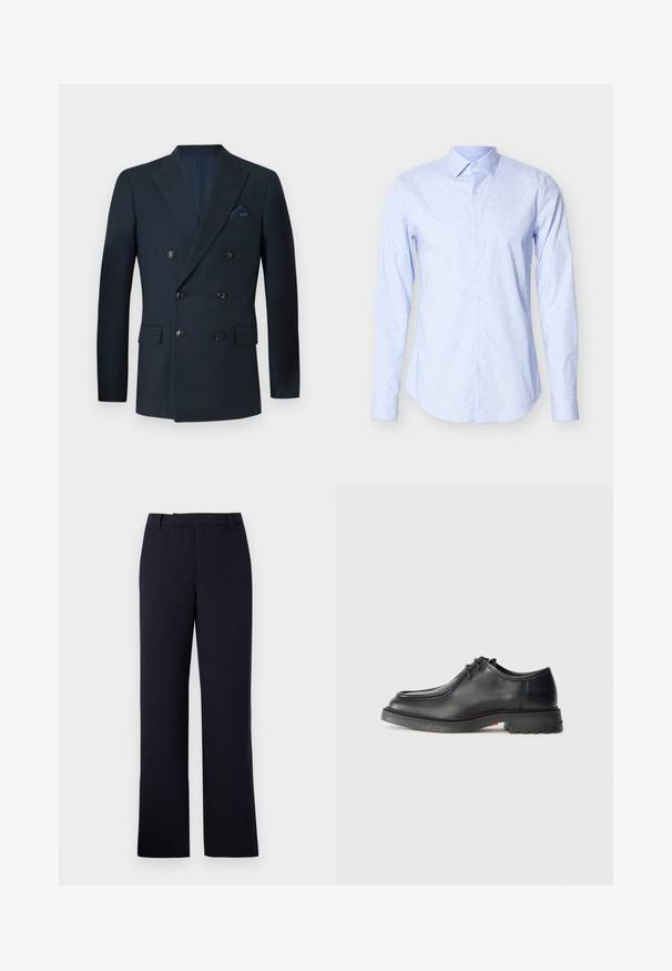 Dobbeltradet navy blazer lavet af tekstureret stof, med seks sorte knapper, to forlommer og en brystlomme med en silke lommetørklæde.; Lyseblå skjorte med lange ærmer lavet af blødt stof, med et diskret blomsterprint, knapper foran og klassisk krave.; Libertine-Libertine DECADE TAILORED - Bukser - navy; Sorte lædersko med glat tekstur, rund tå og lav, præget syning. Tykk gummisål med let hæl og skridsikker mønster.