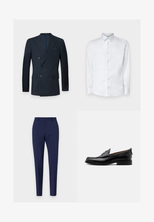 Blazer navy de doble botonadura hecho de tejido texturizado, con seis botones negros, dos bolsillos delanteros y un bolsillo en el pecho con un pañuelo de seda.; Camisa blanca de manga larga hecha de tela suave, con un cuello clásico, tapeta de botones y puños con botones, presentada sobre un fondo liso.; Pantalones azul marino a medida con un ajuste slim, que presentan una textura suave, frente plano y piernas con plisados. Sin bolsillos visibles ni adornos.; Mocasín de hombre de piel negra con costura moc toe, tira penny, cuello texturizado y tacón bajo apilado sobre fondo blanco.