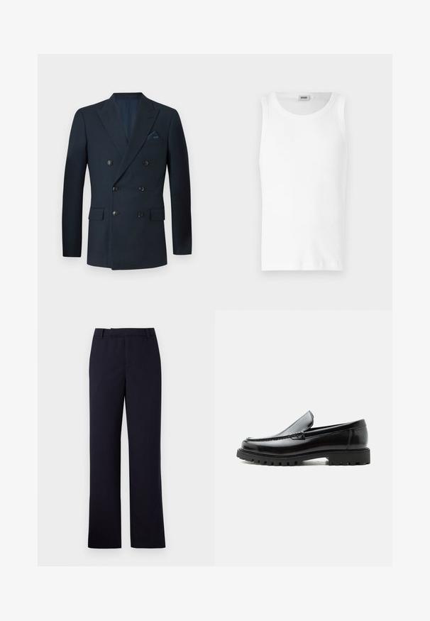 Blazer navy de doble botonadura hecho de tejido texturizado, con seis botones negros, dos bolsillos delanteros y un bolsillo en el pecho con un pañuelo de seda.; Camiseta sin mangas de algodón blanco con cuello redondo y una textura suave. Diseño sencillo, sin patrones ni acentos.; Libertine-Libertine DECADE TAILORED - Pantalones - navy; Mocasín de cuero negro con suela de goma gruesa, empeine cosido y nombre de la marca en relieve en el talón, mostrado en perfil lateral sobre fondo blanco.
