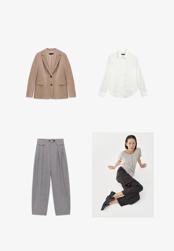 Beiger Blazer mit Reverskragen, zwei Fronttaschen, Zwei-Knopf-Verschluss und Knopfakzenten an den Ärmeln. Strukturiertes Gewebe.; Weißes Hemd mit langen Ärmeln, Kragen und Manschetten, flach ausgebreitet mit zugeknöpften Knöpfen in der vorderen Mitte.; Graue Hose mit weitem Bein und hoher Taille, Falten, zwei schwarzen Knöpfen am Bund und Klappendetails in Hüfthöhe.; Hellgraues Kurzarmshirt, dunkle weite Hosen und schwarze Loafers. Glatter Stoff, entspannte Passform und kontrastierende Einfassung am Hemd.