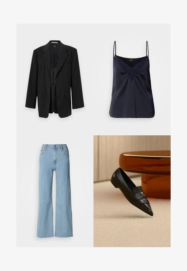 Blazer noir avec un col cranté, fermeture à un bouton et poches avant doubles. Fabriqué en tissu lisse avec une coupe structurée et une doublure intérieure.; Camisole en soie navy avec de fines bretelles, décolleté en V et détails froncés au niveau de la poitrine ; texture lisse et coupe décontractée.; Jeans en denim bleu clair à jambes larges, avec une taille cintrée, un design à cinq poches et des détails de couture subtils.; Mocassin en cuir noir à bout pointu avec détail de franges, positionné sur un tapis beige près d'une table ronde en verre orange.