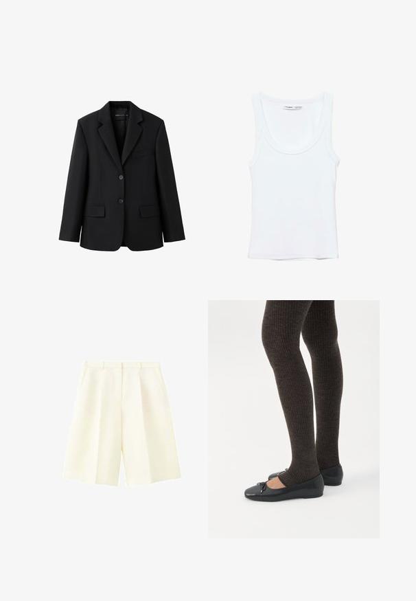 Veste blazer noire cintrée avec revers à encoches, deux poches à rabat à l'avant, une poche poitrine passepoilée et une fermeture à deux boutons.; Débardeur blanc uni sans manches avec encolure arrondie, fabriqué en tissu doux, étiquette à l'intérieur du col indiquant la marque et la taille.; Shorts cintrés couleur crème taille haute avec passants de ceinture, plis devant et poches latérales, présentés sur fond blanc.; Jambes portant des leggings côtelés foncés associés à des ballerines noires avec de petits détails en nœud sur fond blanc.