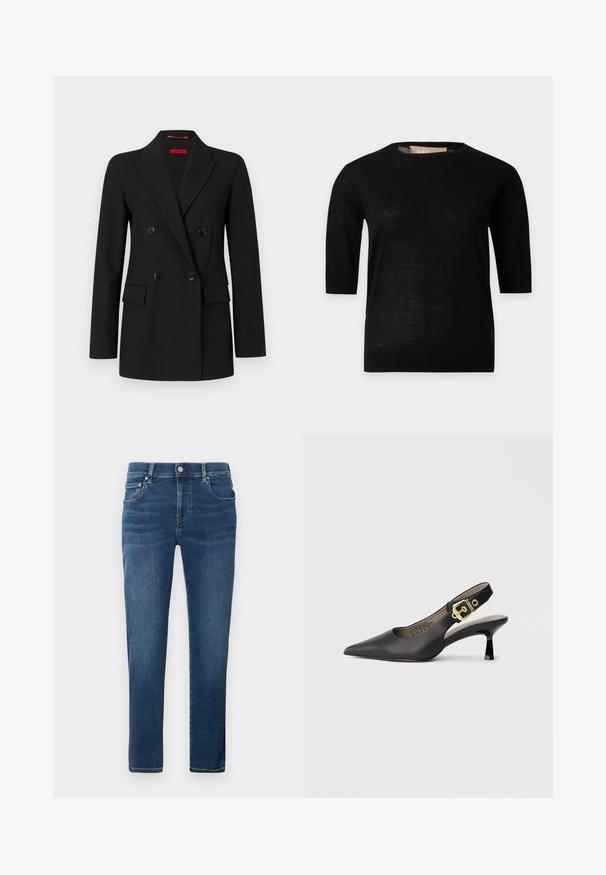 Blazer noir croisé avec quatre boutons, revers crantés, manches longues et poches à rabat à l'avant, présenté sur un fond blanc.; Haut en maille noir à manches courtes avec encolure ronde et ourlet droit, présenté sur un fond blanc uni.; Jean en denim bleu foncé avec une coupe droite, design à cinq poches, fermeture par bouton en métal et légère décoloration sur le tissu.; Chaussure à talon haut noire à bride arrière, avec un bout pointu, une texture en cuir lisse et une accent de boucle dorée sur la bride.