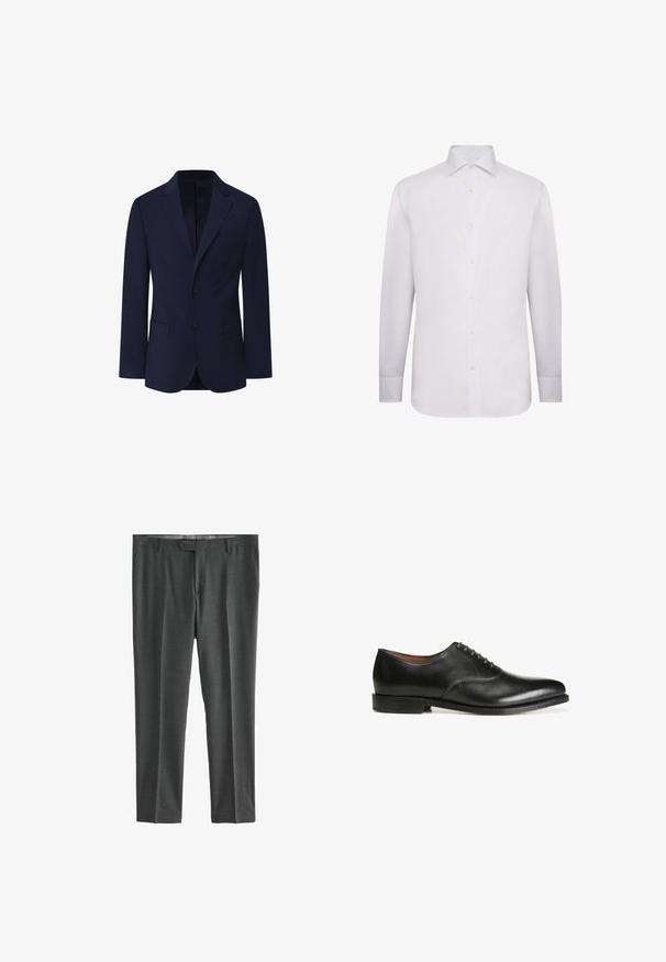 Façonnable PIMA COTTON STRETCH - Blazerjasje - marine blue; Witte lange mouw dress shirt gemaakt van gladde stof. Beschikt over een klassieke kraag, volledige knoopsluiting aan de voorkant en geknoopte manchetten. Geen patronen of accenten.; Grijze dresspants van gestructureerde stof, met een rechte pijpdesign, riemlussen, een knoopsluiting en twee zijzakken.; Zwarte leren dress shoe met een gladde afwerking, ronde neus, vetersluiting aan de voorkant en een lage gestapelde hak. Minimalistisch design met subtiele stiksels.