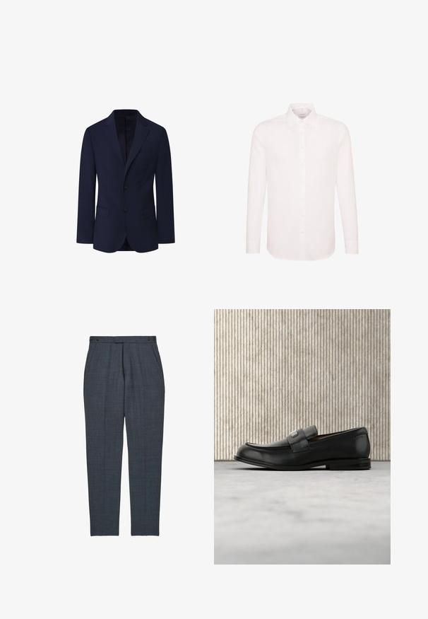 Façonnable PIMA COTTON STRETCH - Blazerjasje - marine blue; Wit overhemd met lange mouwen, knoopsluiting aan de voorkant en klassieke kraag, weergegeven op een effen witte achtergrond.; Donkergrijze op maat gemaakte broek met zijzakken en knoopsluitbare verstelbare tailleband, smalle rechte pijp.; Zwarte leren loafer met een metalen merktekenplaatje, rustend bij een bruine ronde tafel op een beige tapijtvloer.
