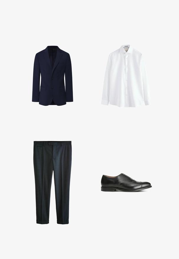 Façonnable PIMA COTTON STRETCH - Blazerjasje - marine blue; Langsleeve wit shirt van glad katoen met een klassieke kraag, knoopsluiting aan de voorkant en manchetten met één knoop. Geen patronen of accenten.; Mannen donkergrijze broek van gestructureerde stof, met een platte voorkant, zijzakken en opgerolde manchetten voor een nauwsluitende pasvorm.; Zwarte leren dresschoenen met een gladde afwerking, ronde neus, vijf oogjes voor veters en een lage gestapelde hak. Bevat subtiele stikdetails.