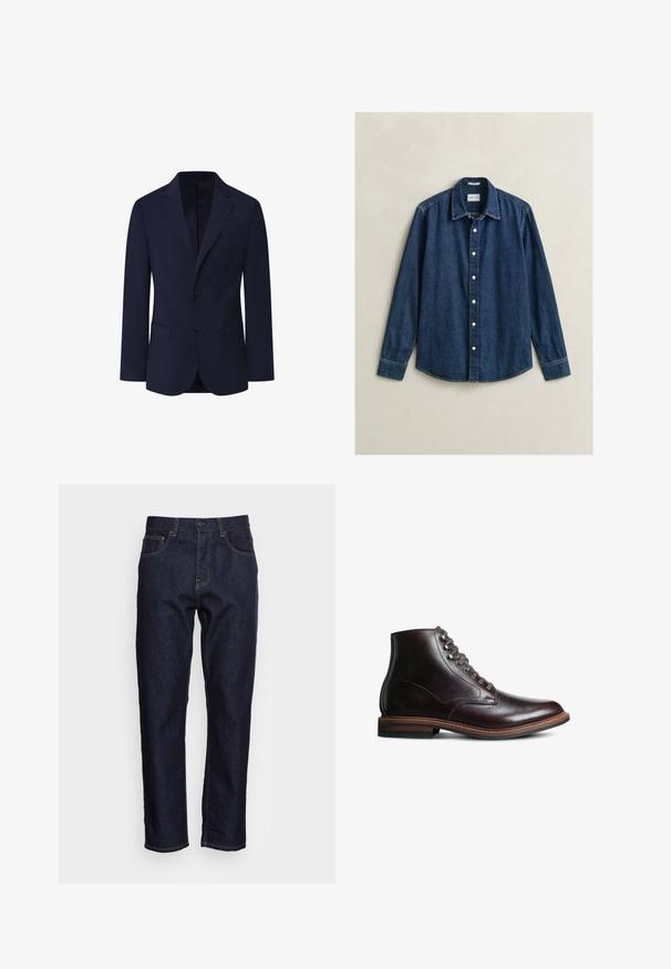 Façonnable PIMA COTTON STRETCH - Blazerjasje - marine blue; Donkerblauw denim overhemd met lange mouwen, knopen aan de voorkant en een kraag, plat neergelegd op een lichte achtergrond.; Donkerblauwe spijkerbroeken met een rechte snit, vijf zakken en contrasterende gele stiksels. Ontworpen met een klassieke knoop- en ritssluiting.; Donkerbruine leren enkellaars met ronde neus, vetersluiting aan de voorkant en een gestapeld hak op een witte achtergrond.
