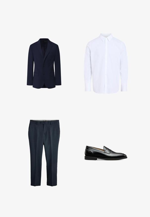 Façonnable PIMA COTTON STRETCH - Blazerjasje - marine blue; Wit overhemd met lange mouwen en klassieke kraag, gemaakt van gladde stof, voorzien van een knoopsluiting aan de voorkant en een afgeronde zoom.; Donkergrijze formele herenbroek met knoop en riemlussen, voorzakken en een rechte pijp op een witte achtergrond.; Zwarte leren loafers met een gladde structuur, een ronde neus en een lichte hak. Heeft een gestikte accent over de wreef.