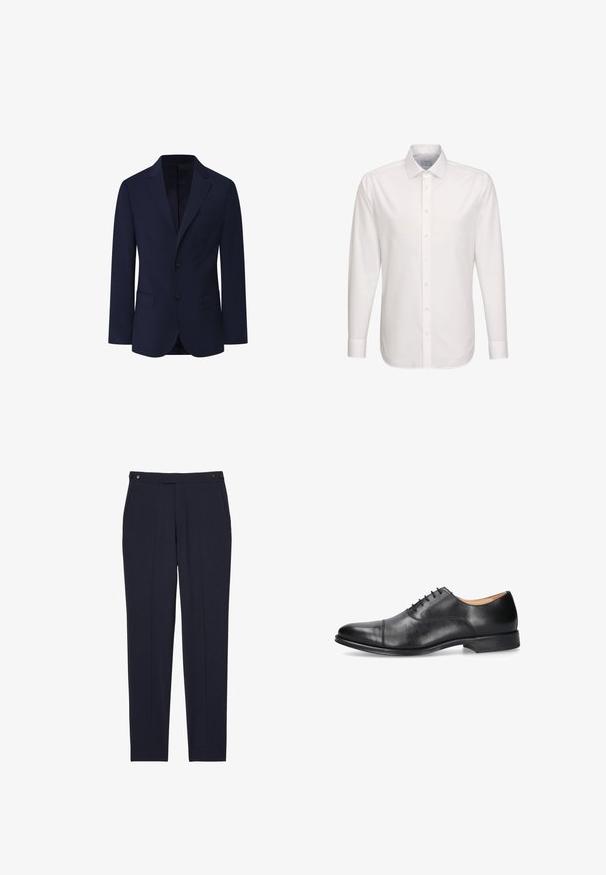 Façonnable PIMA COTTON STRETCH - Blazerjasje - marine blue; Wit herenoverhemd met lange mouwen, puntkraag, knoopsluiting aan de voorkant en knoopmanchetten, afgebeeld op een effen witte achtergrond.; Marineblauwe broek met een rechte pijp, voorzien van een vlakke voorkant, twee zijzakken en twee zwarte knoopsluitingen bij de tailleband.; Zwarte leren herenschoenen Oxford met gesloten vetersluiting, kapvormige neus, lage hak en een gladde gepolijste afwerking, getoond vanaf de buitenkant.