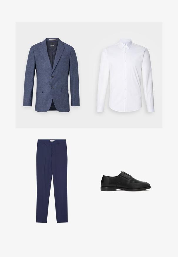 Herre mørkeblå tekstureret blazer med hak revers, to knapper, forlommer med klap og mærket inderlabel.; Hvid langærmet skjorte med knaplukning lavet af glat bomuldsstof, med en klassisk krave, knaplukning og buet kant.; Marineblå bukser i glat stof med flad front, to sidelommer, lynlås i front og ren nederkant uden mønstre eller accenter.; Sort herresko i læder med snørebinding og lav hæl, vist i sideprofil på en hvid baggrund.